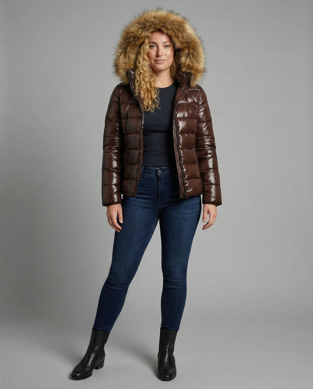 Damen Steppjacke Kunstfellkragen