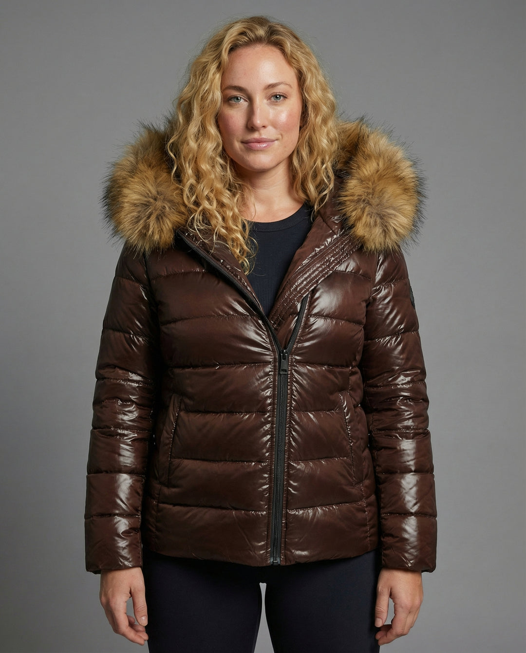 Damen Steppjacke Kunstfellkragen