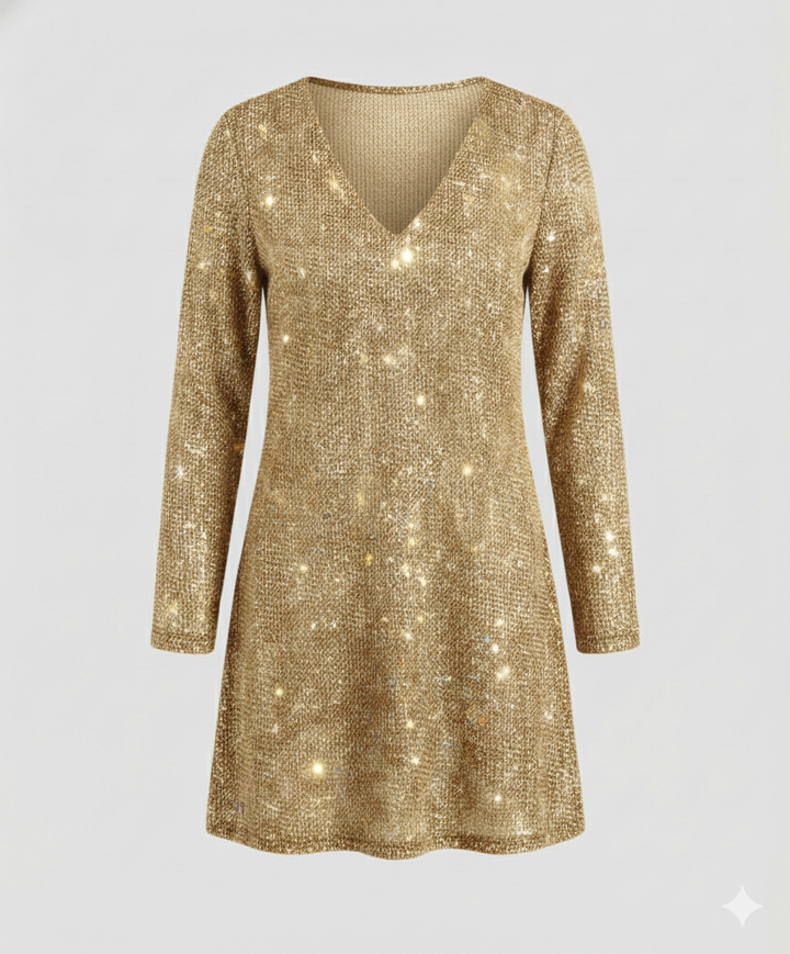 Damen Pailletten Kleid Langarm