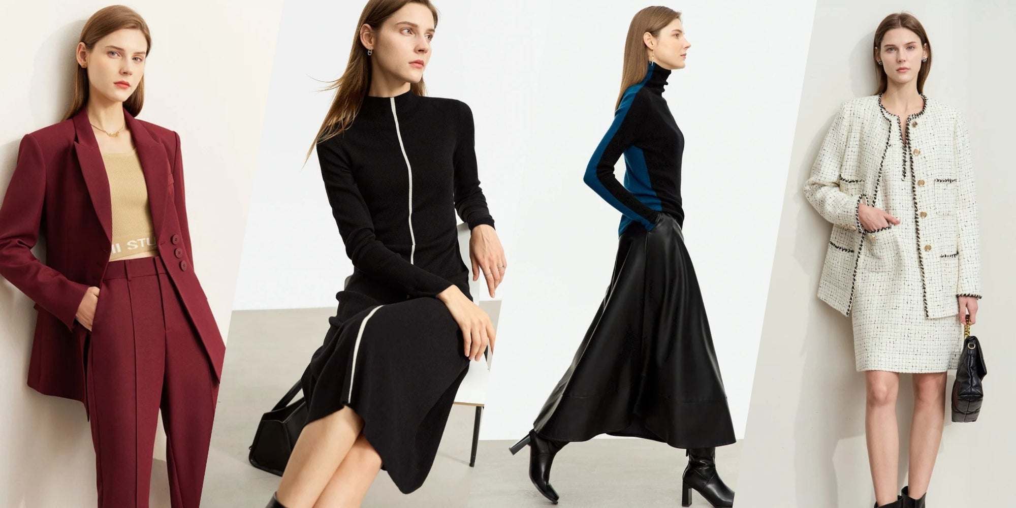 Collage mit Damenmode: bordeauxroter Anzug, schwarzes Strickkleid mit Reißverschluss, schwarzer Plisseerock, weißer Tweedmantel.