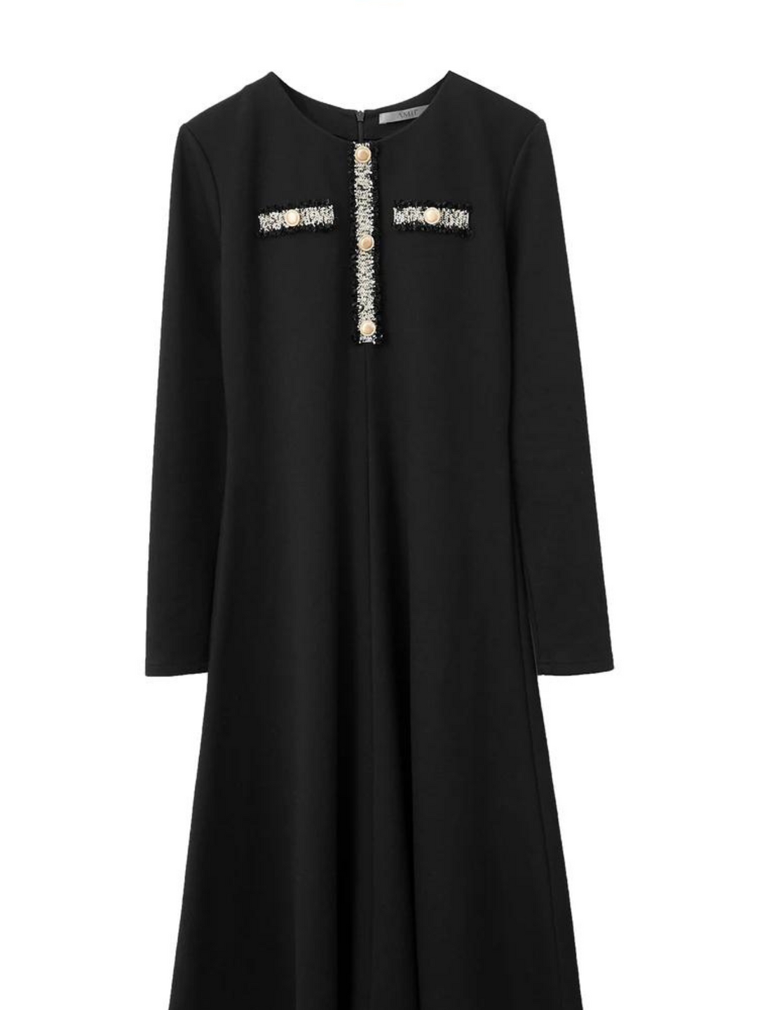 The dress has long, fitted sleeves and an a-line silhouette. The bodice showcases a gold embroidery design with buttons. 