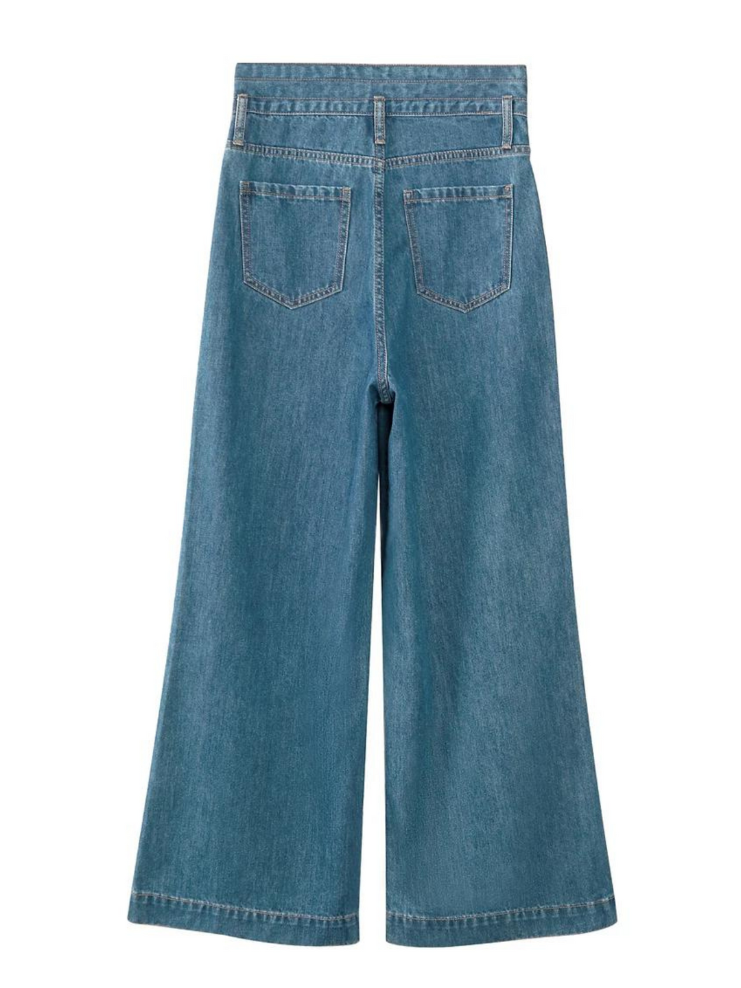 the Back side of a pair of retro inspired, wide leg, ankle length, jeans a cinched waist design against a plain white background.