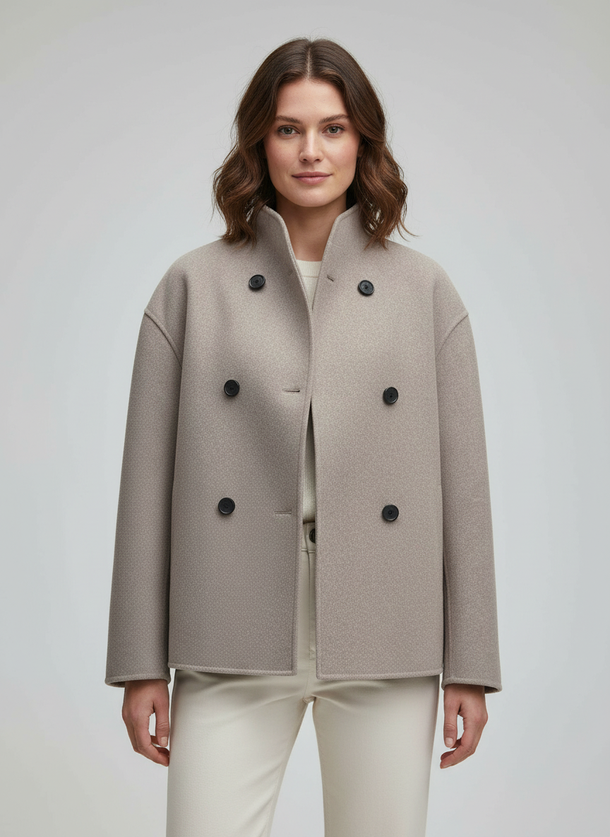 Damen Wolljacke Beige mit Stehkragen