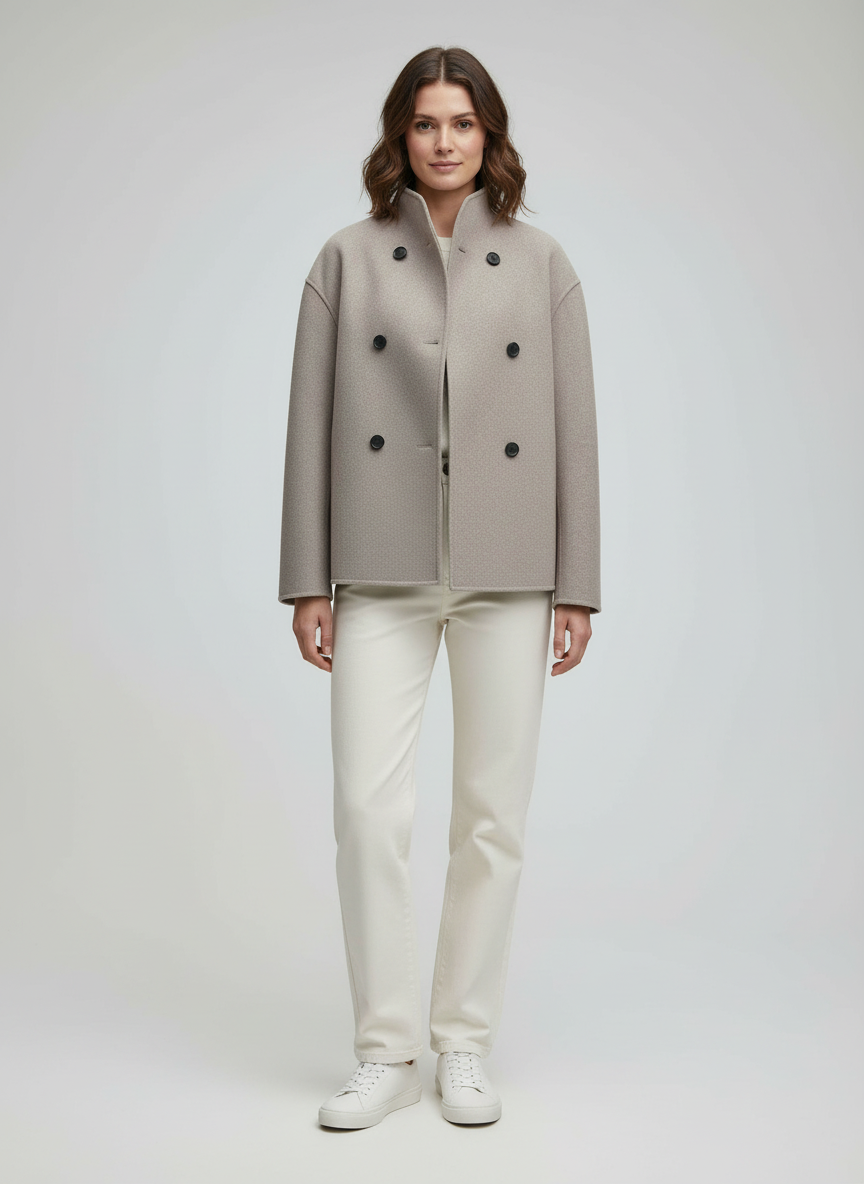 Damen Wolljacke Beige mit Stehkragen