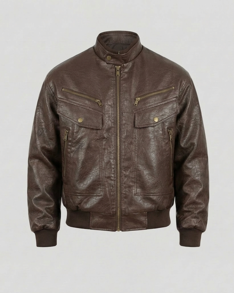 Herren Lederoptik Biker Blouson Stehkragen