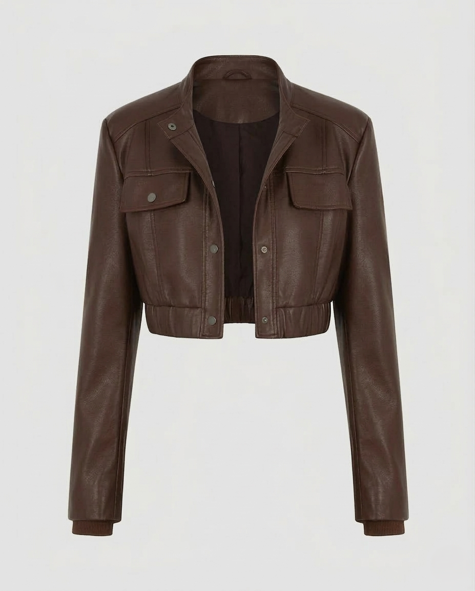 Damen Kunstleder Bikerjacke Schulterpolster