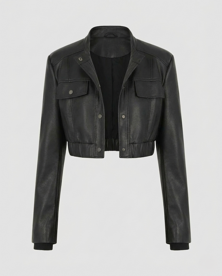 Damen Kunstleder Bikerjacke Schulterpolster