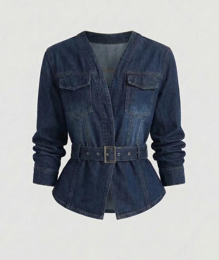 Damen Jeansblazer Taillengürtel Schößchen