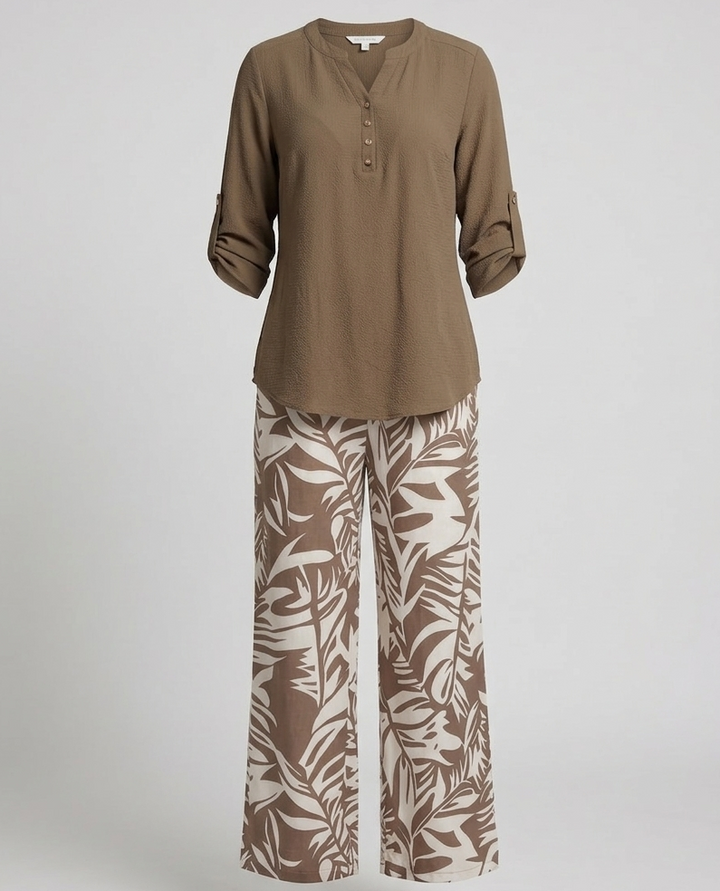 Damen Palazzo Set Blattprint Viskosebluse