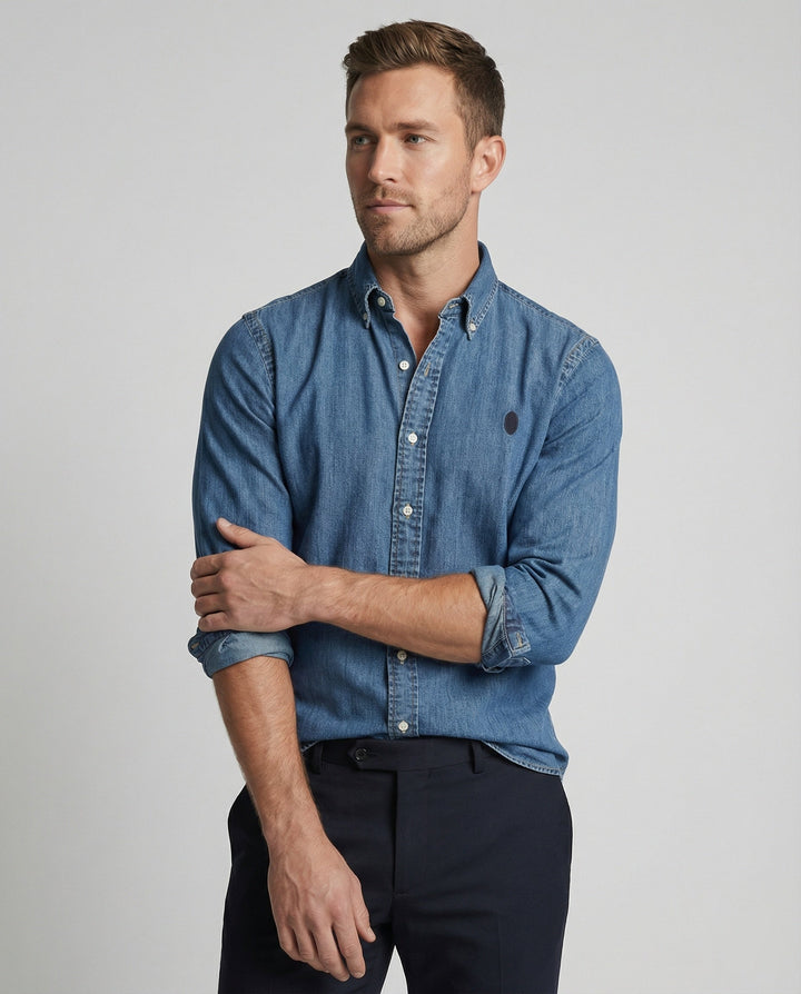 Herren Langarmhemd Jeanshemd Denim Kentkragen