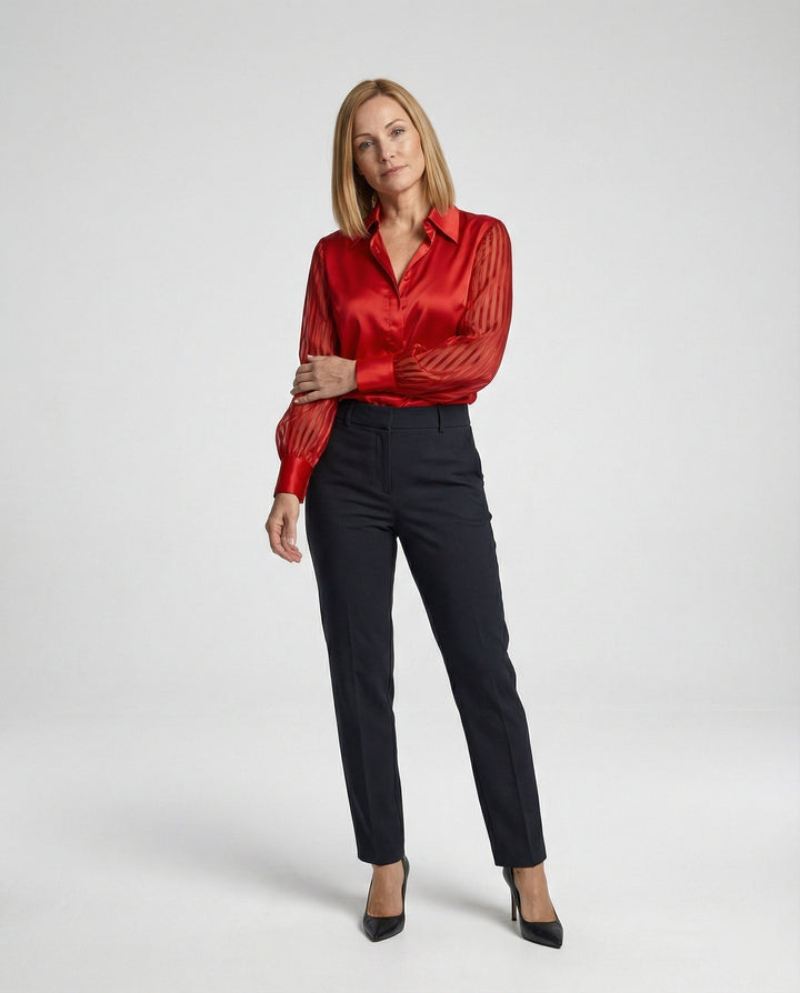 Damen Satinbluse mit transparenten Puffärmeln