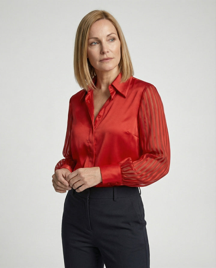 Damen Satinbluse mit transparenten Puffärmeln