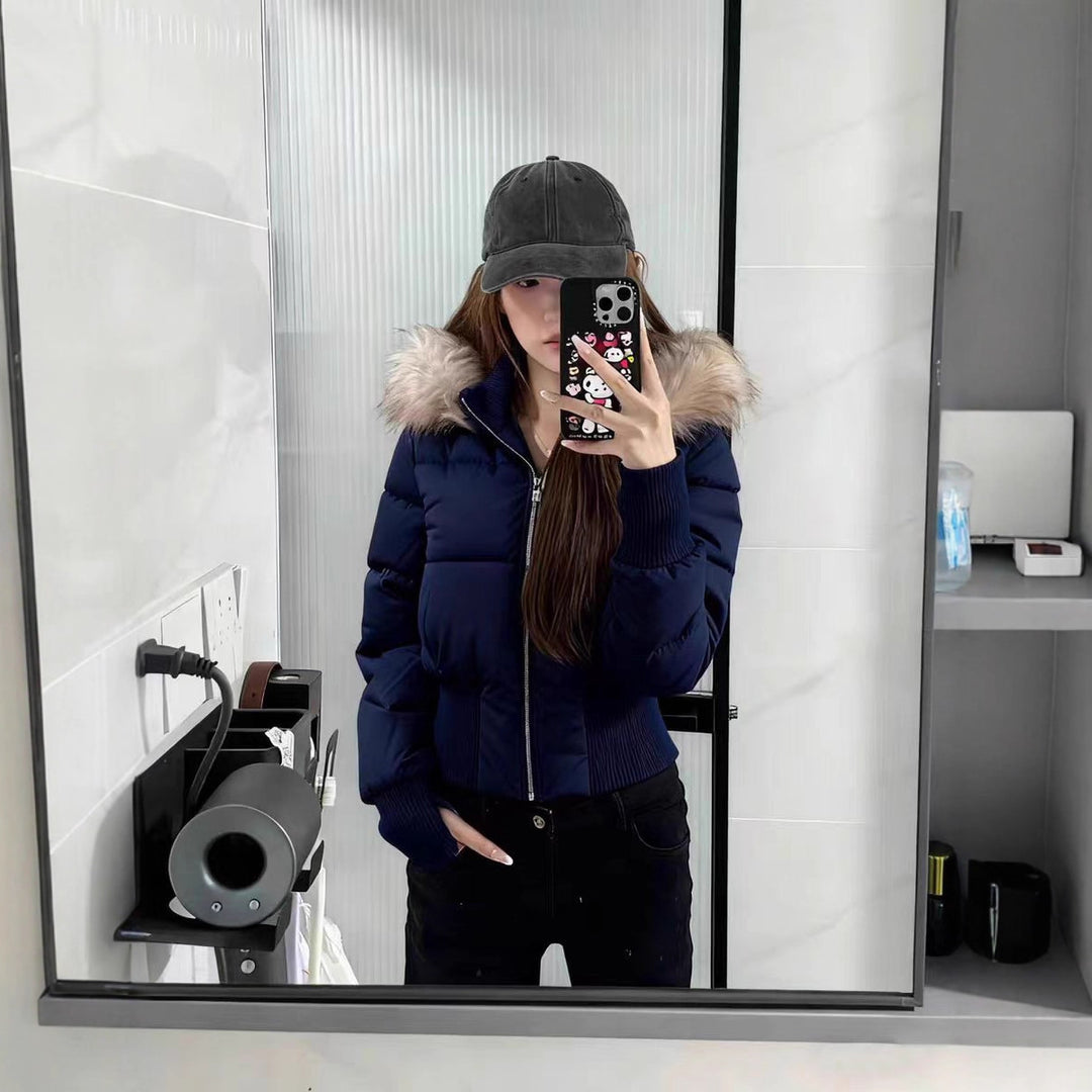 Warm Leicht Gesteppt Abnehmbare Kapuze Winterjacke Damen