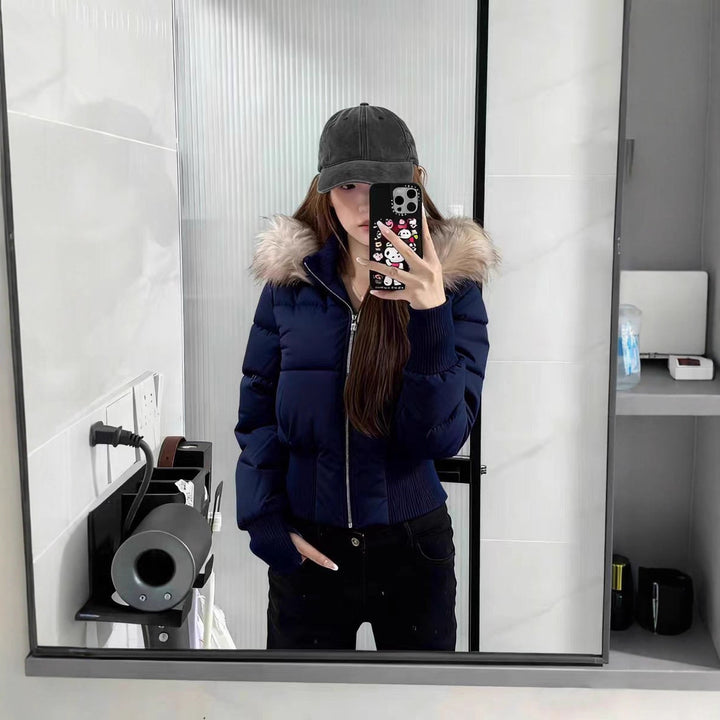 Warm Leicht Gesteppt Abnehmbare Kapuze Winterjacke Damen
