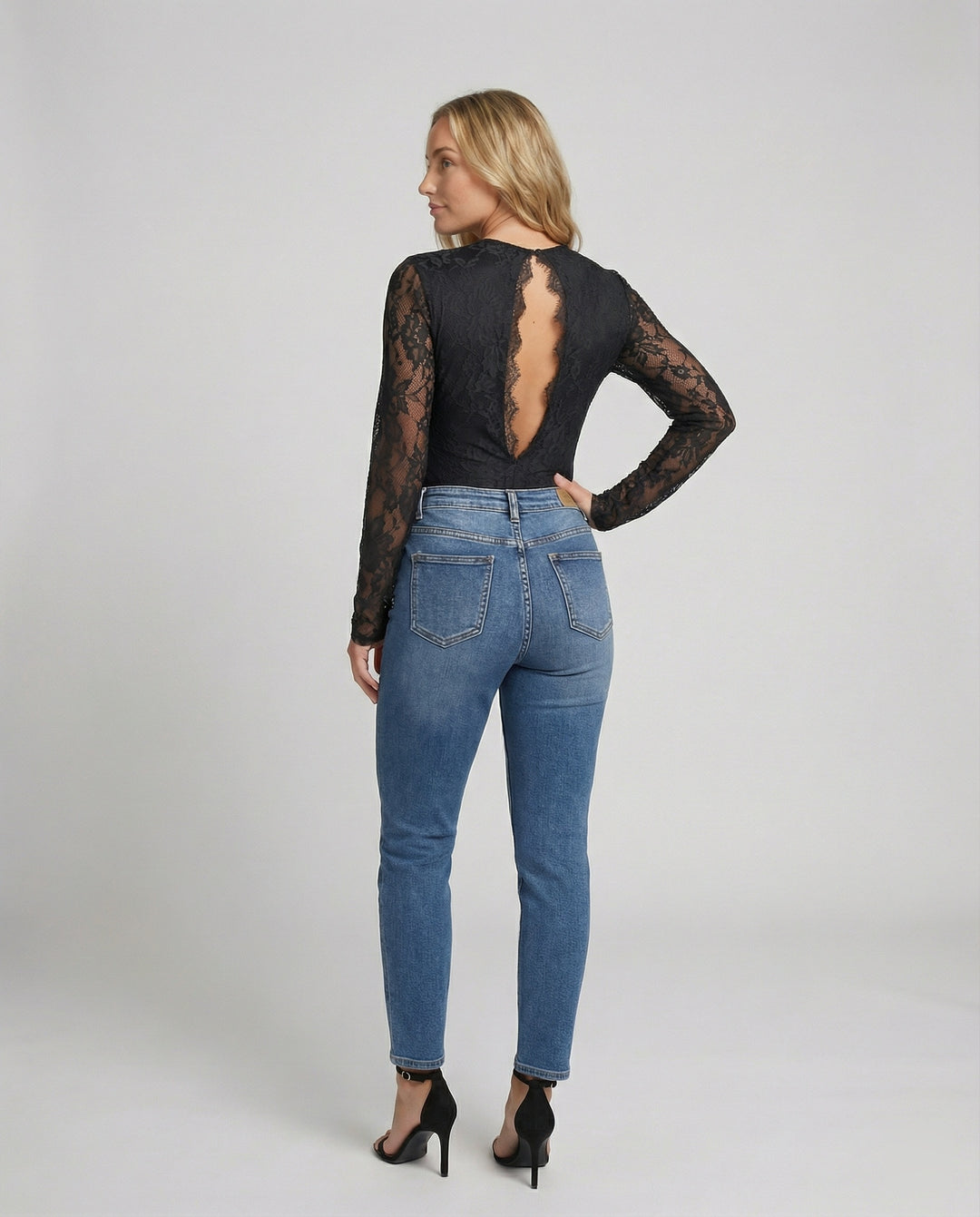 Damen Spitzenbody Langarm V-Ausschnitt