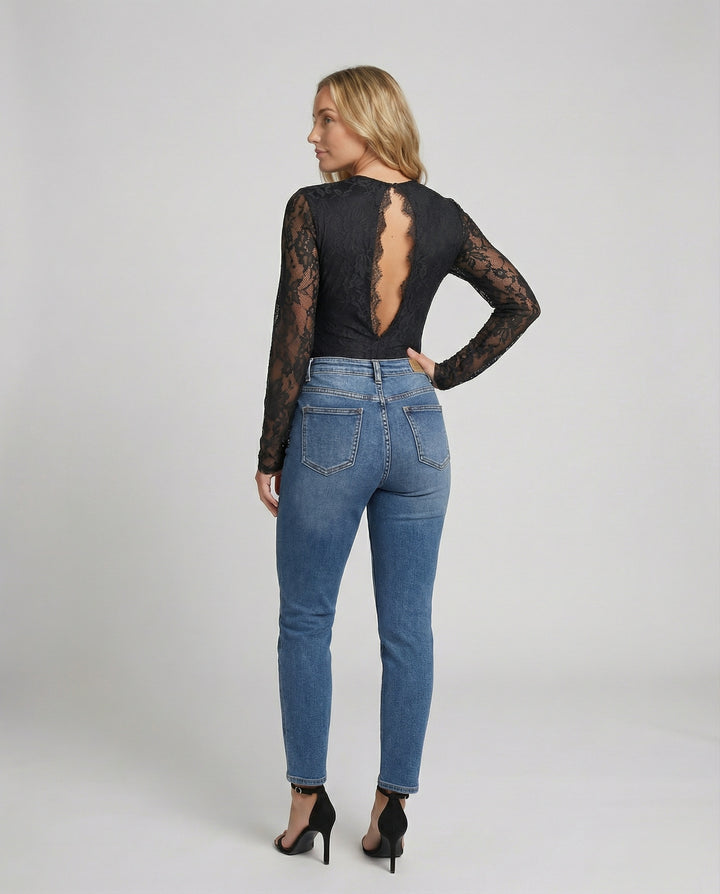 Damen Spitzenbody Langarm V-Ausschnitt