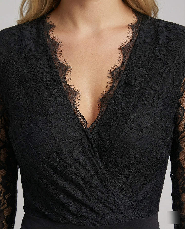 Damen Spitzenbody Langarm V-Ausschnitt