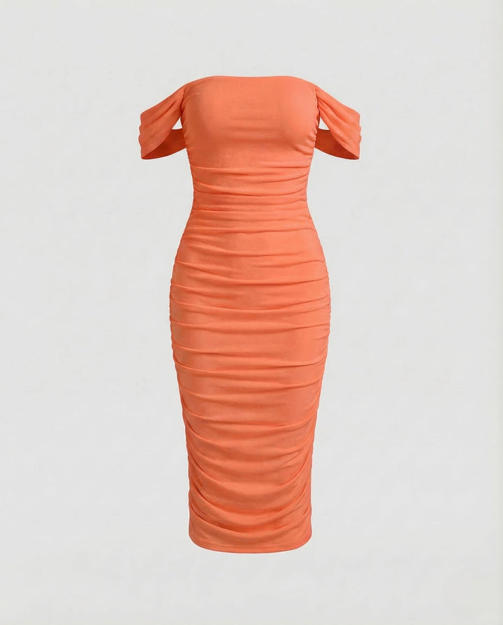 Damen Carmen Midikleid Raffung