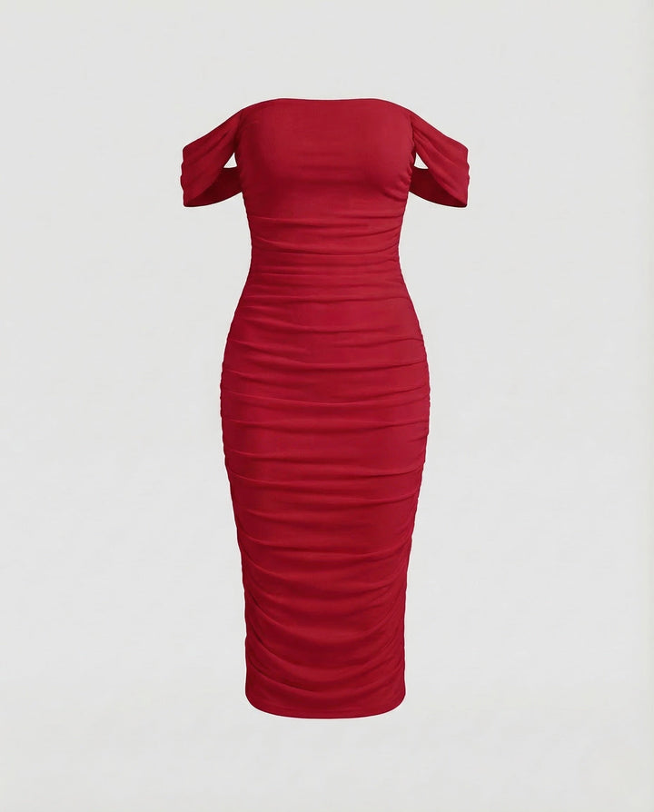 Damen Carmen Midikleid Raffung