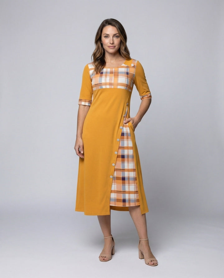 Damen Midikleid Kariertes Oberteil 3/4-Ärmel