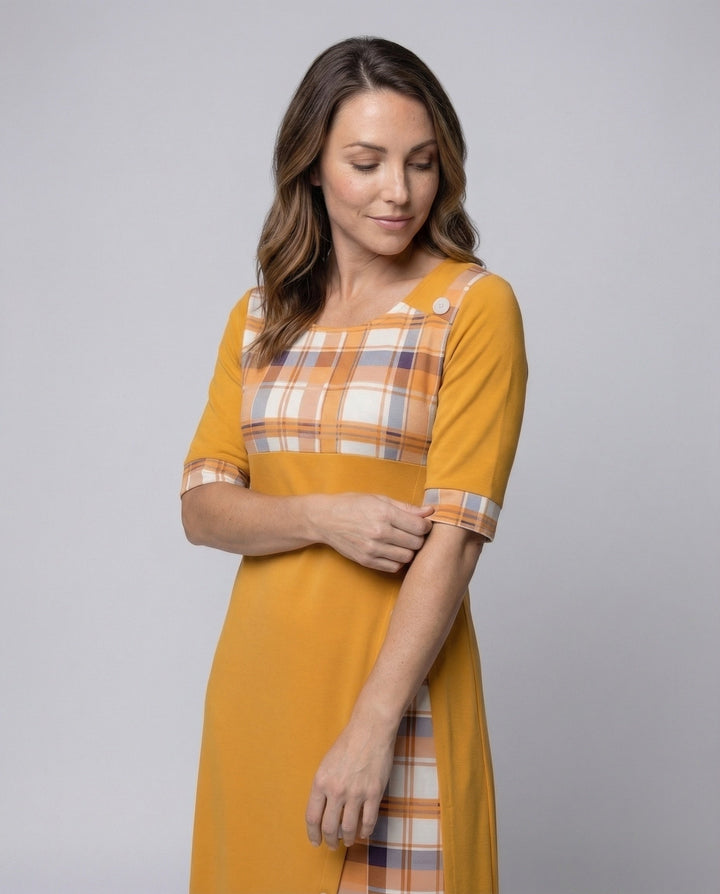 Damen Midikleid Kariertes Oberteil 3/4-Ärmel