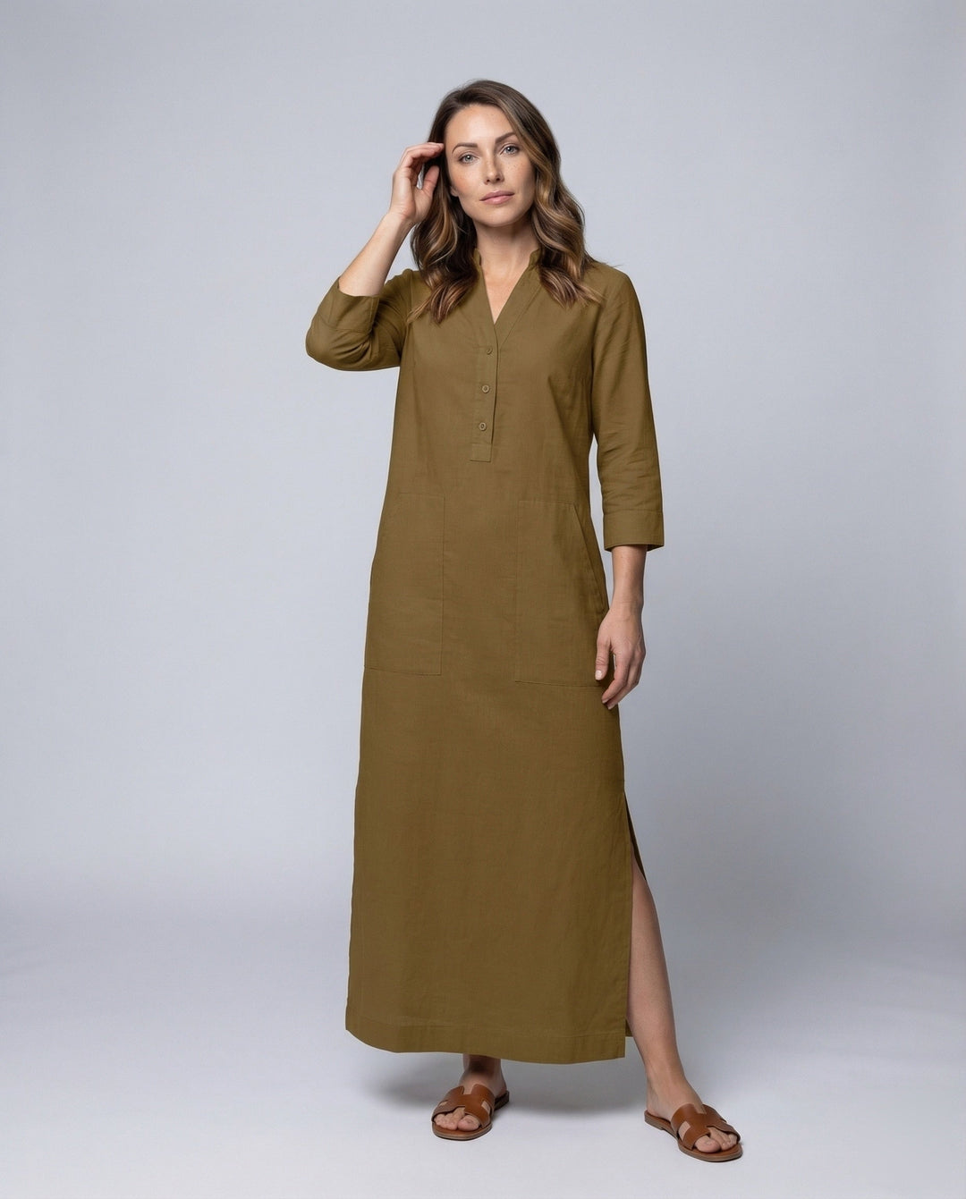 Damen Maxikleid Stehkragen Beinschlitz