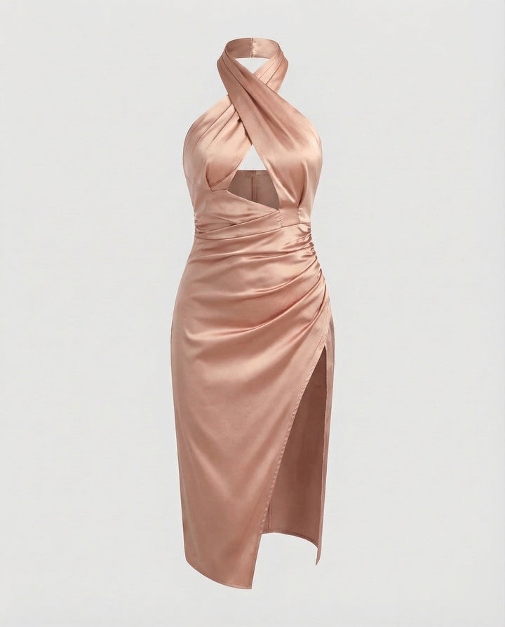 Damen Neckholder-Midikleid Hoher Seitenschlitz