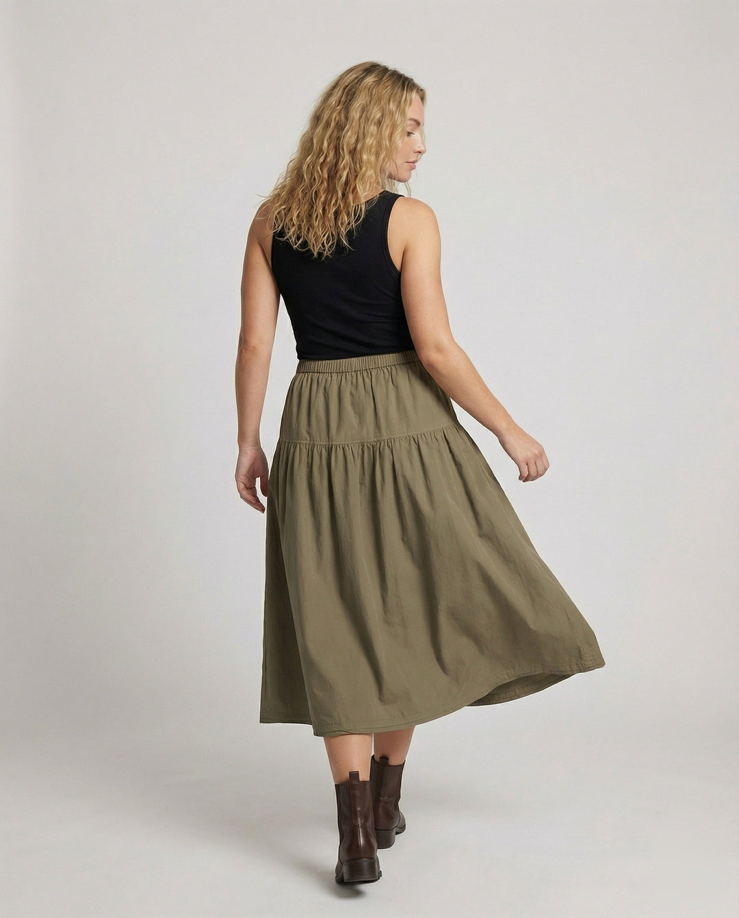 Damen weicher Midi-Stufenrock mit Gummibund
