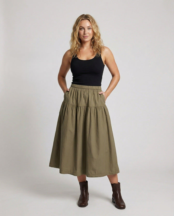 Damen weicher Midi-Stufenrock mit Gummibund