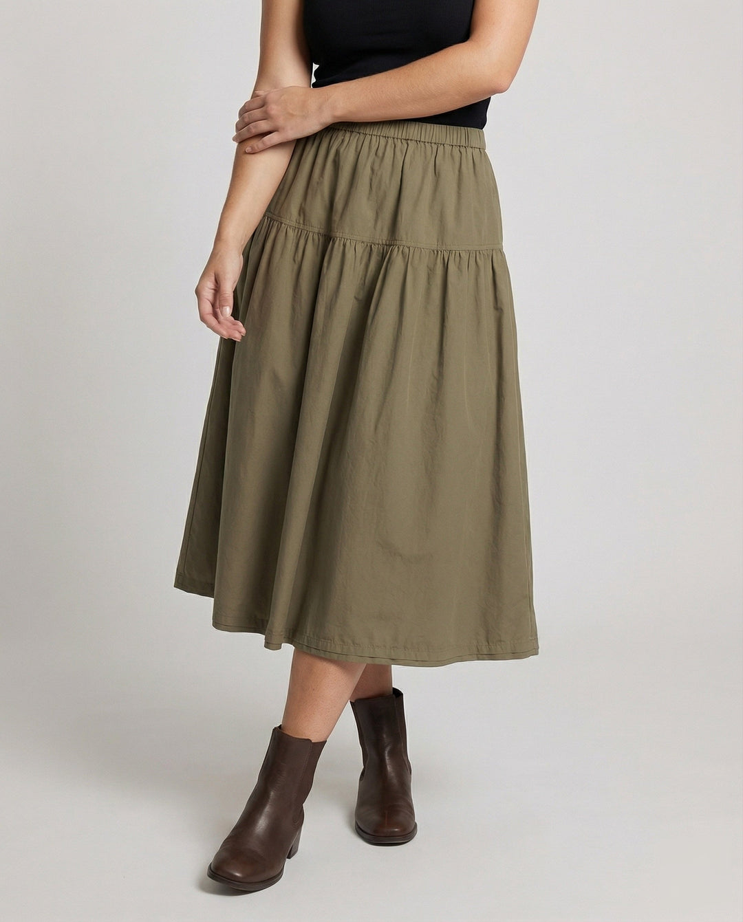Damen weicher Midi-Stufenrock mit Gummibund