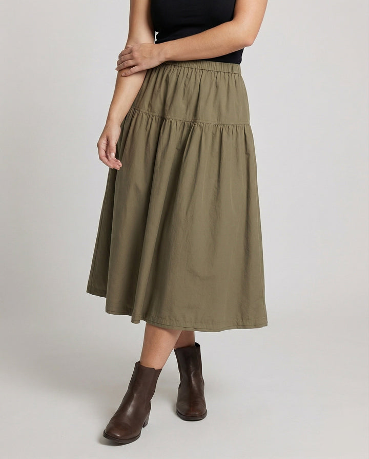 Damen weicher Midi-Stufenrock mit Gummibund