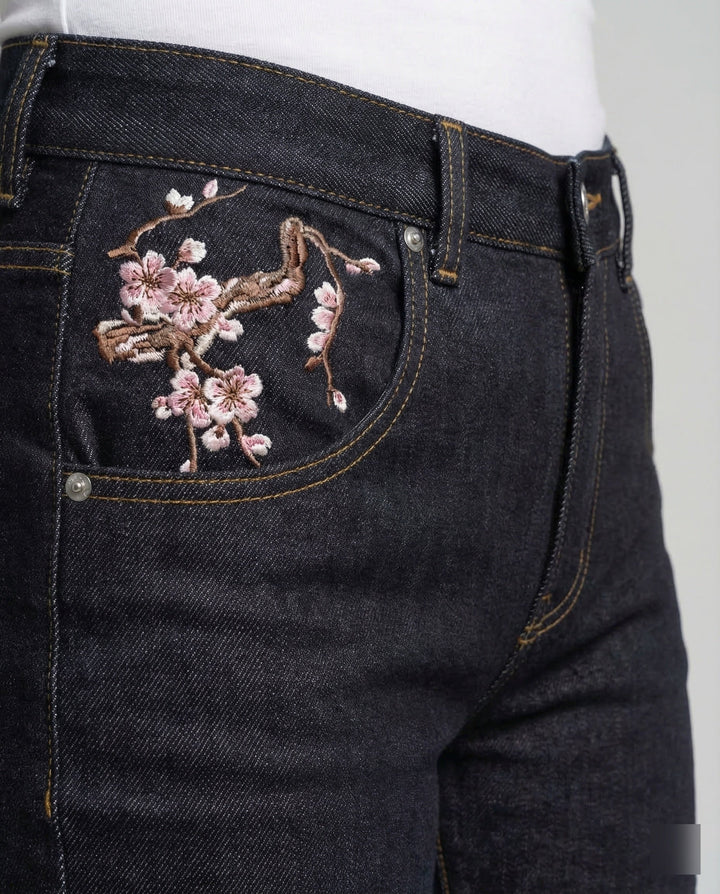 Damen Jeans High Waist Perlenstickerei