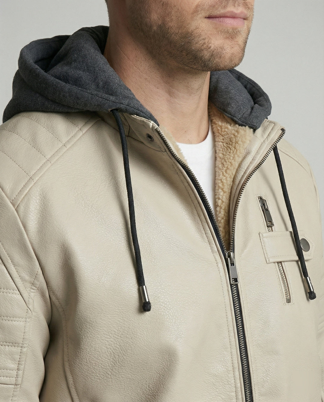 Herren Lederjacke mit Kapuzeneinsatz