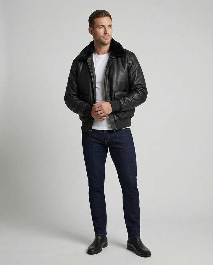 Herren Piloten Lederjacke mit Teddykragen