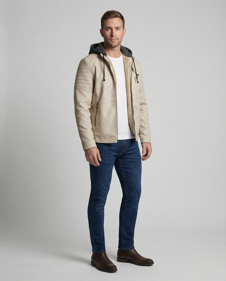 Herren Lederjacke mit Kapuzeneinsatz