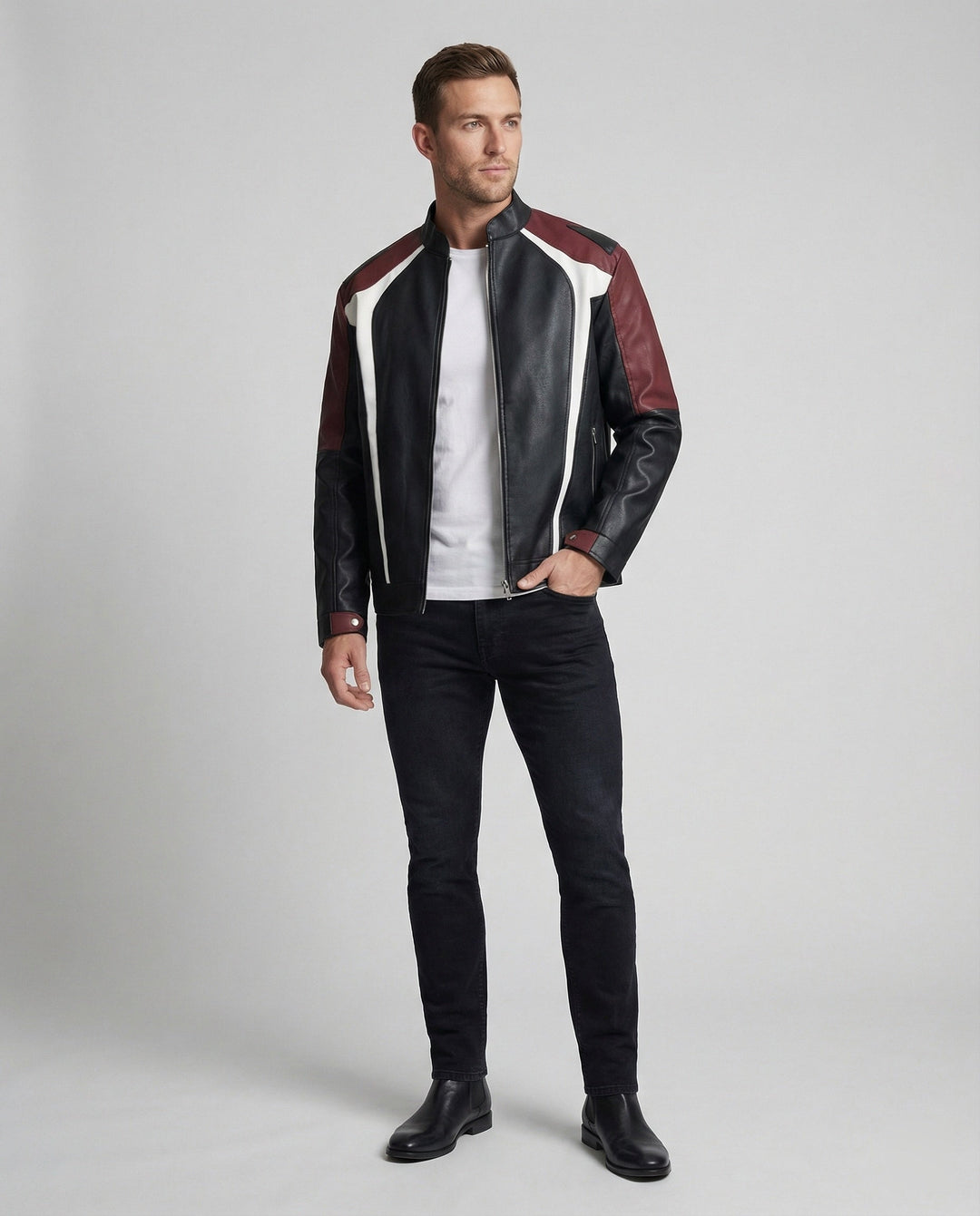 Herren Panel Lederjacke Stehkragen