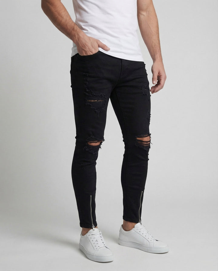 Herren Skinny Jeans mit Rissen & Saumreißverschluss