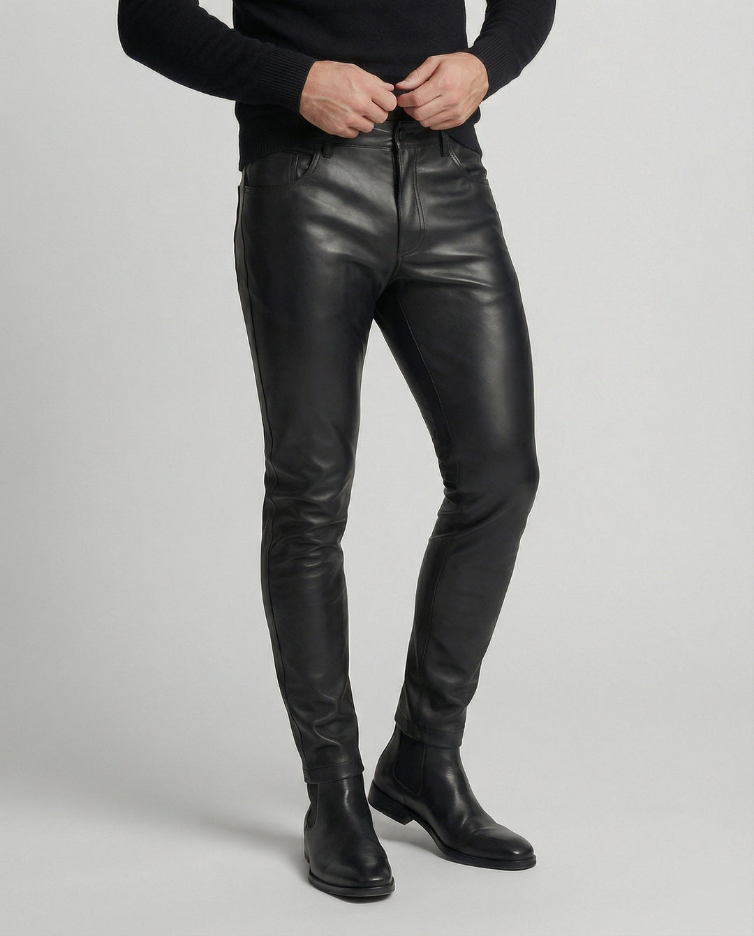 Herren Kunstleder Hose Slim Fit