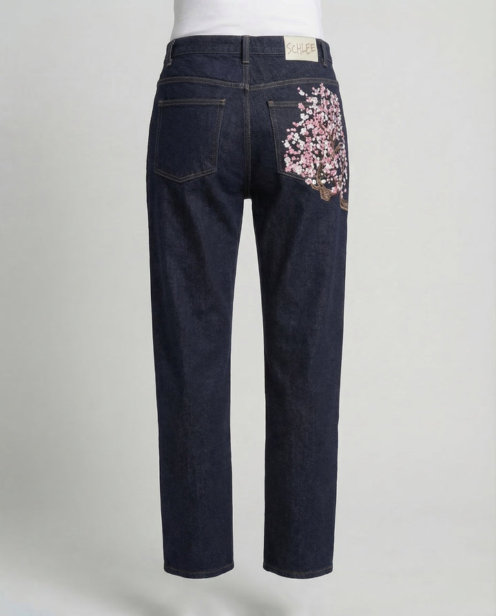 Damen Jeans High Waist Perlenstickerei