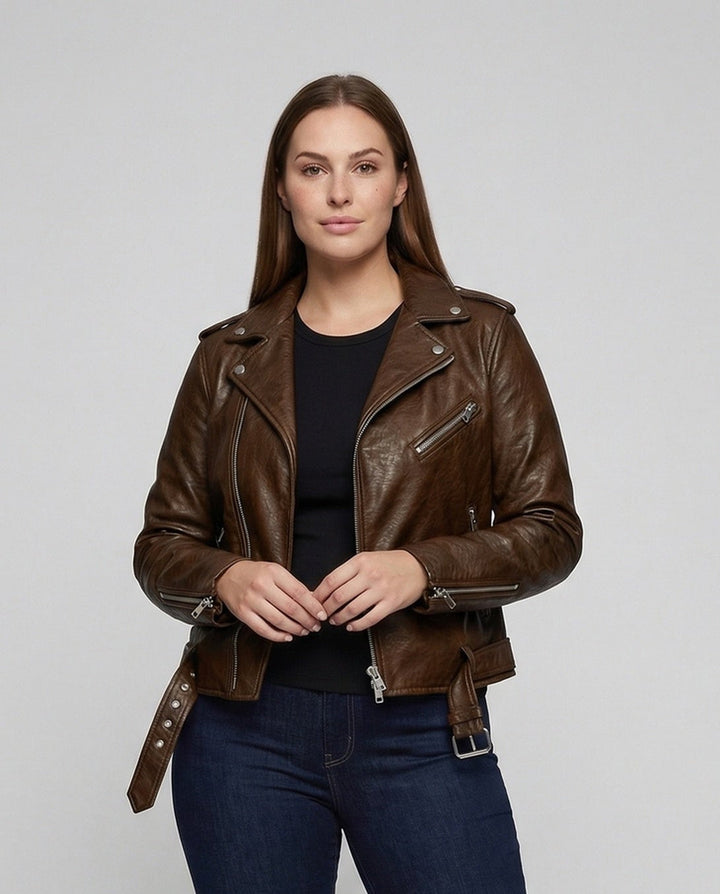 Damen Bikerjacke Kunstleder Tailliert Asymmetrischer Reißverschluss