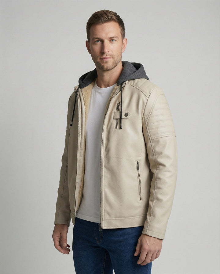 Herren Lederjacke mit Kapuzeneinsatz