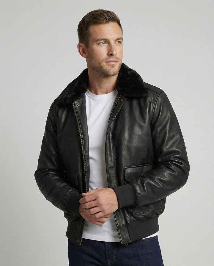 Herren Piloten Lederjacke mit Teddykragen