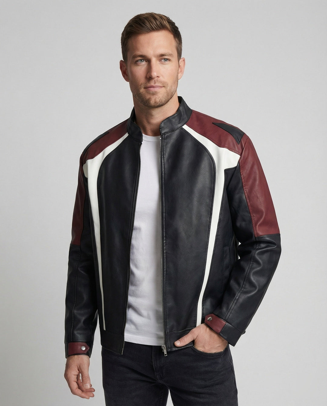 Herren Panel Lederjacke Stehkragen