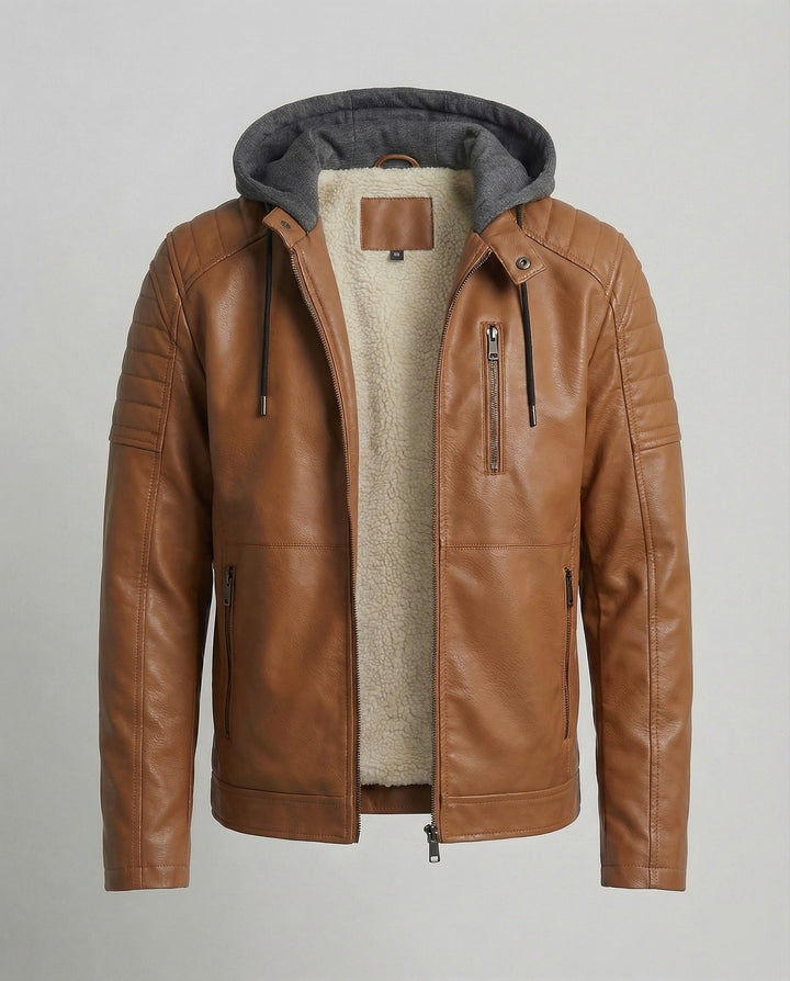 Herren Lederjacke mit Kapuzeneinsatz